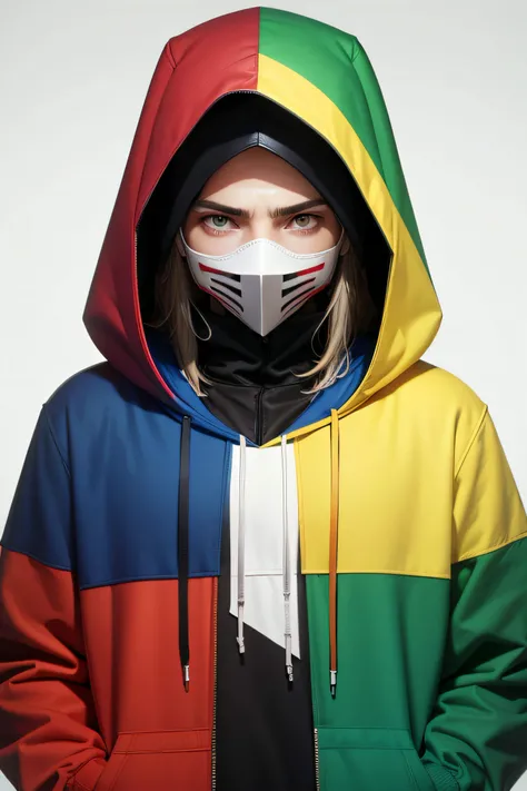 hooded sweatshirt with red blue green yellow color with 1 masked white futuristic man