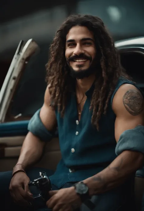 Realistic, full hd, good quality, a young man, latin, big full dreadlocks, a full-toothed smile, lips are slightly parted, corners of the mouth are slightly upturned, big dark brown curly hair, volumous hair, with some frizz, frizz on hair, full hair, very...