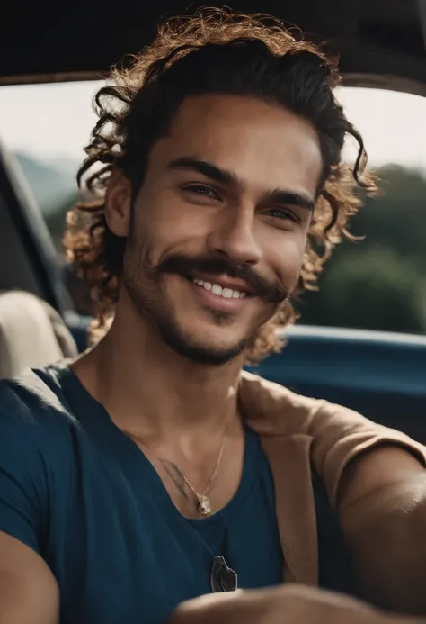 Realistic, full hd, good quality, a young man, latin, big full dreadlocks, a full-toothed smile, lips are slightly parted, corners of the mouth are slightly upturned, big dark brown curly hair, volumous hair, with some frizz, frizz on hair, full hair, very...