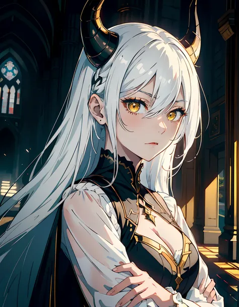 ((masterpiece, best quality)), (1girl, anime girl in dark castle hall),(mature, devil horn), (solo), (female focus), (white hair, long hair, straight hair),yellow eyes, ((black gown)), pale skin, evil, vicious, closed mouth, portraits, close up, upper body...