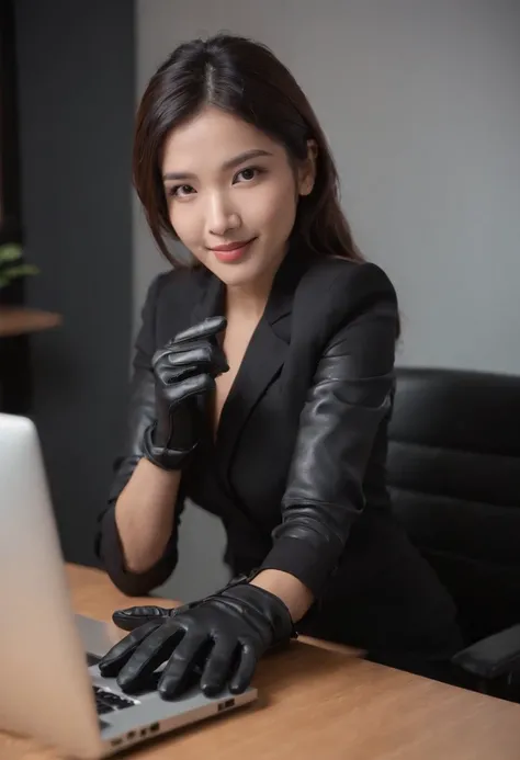 Wearing black leather gloves on both hands, Upper body, Black business suit, Facing the desk in my room with a computer in the dark, Smiling and looking at the screen, Operating the computer with the fingertips of black leather gloves, Black hair was tied ...