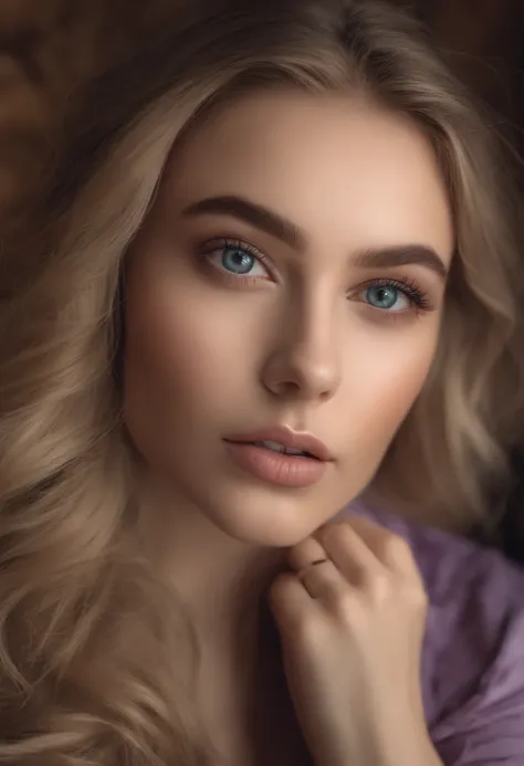 Arafed woman completely , fille sexy aux yeux bleus, ultra realist, 18 ans, Meticulously detailed, Portrait Sophie Mudd, very blond hair and big eyes, selfie of a young woman, Yeux de chambre, Violet Myers, sans maquillage, maquillage naturel, looking stra...