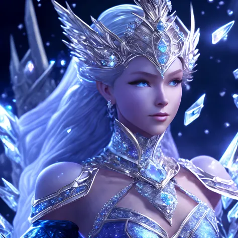 Close-up ( Marvel Gothic style Diamond Princess: 1.3) Step out of the precious crystal world, Extremely detailed, Ice storms, spark of light, Metal shavings, Flying debris, volumettic light