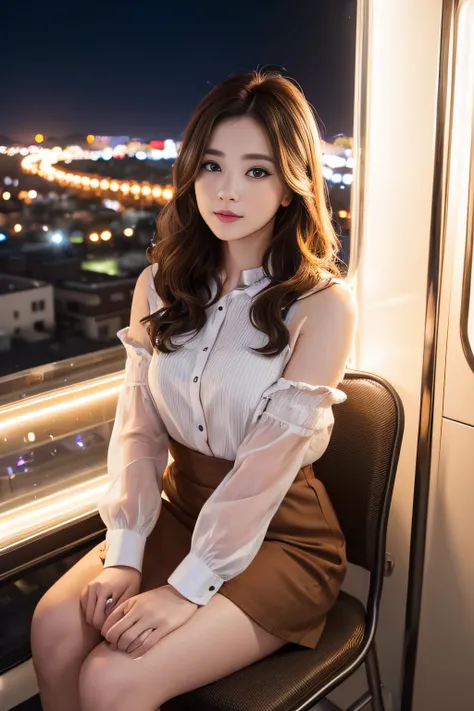 1womanl、Early 20s、(Strong-willed super beauty)、(ultra beautiful faces)、(natta)、Wearing makeup、Wavy brown hair、Sitting in the seat of the Ferris wheel、Night view of the city from the window、Shallow depth of field