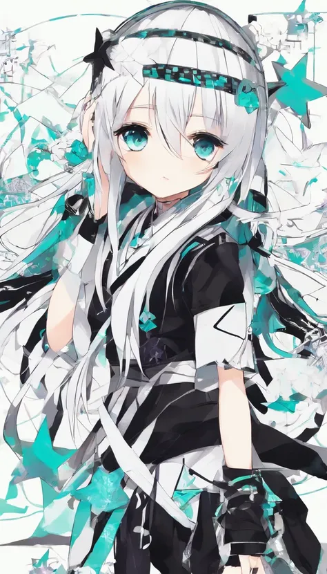 Girl with long straight white hair. One eye with a bright turquoise iris, the second with a black iris. Under the right eye is a black star. White top with long black arms and white laces. Black jeans and a belt with chains. Emo boots. Black checker and tu...