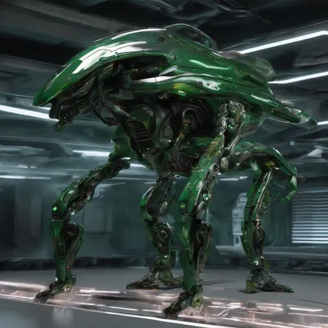 An alien，full xenomorph，Humanoid，mechs，(Wearing a dark green zirconia ceramic surface mech:1.5)，(((Hard surface properties)))，(((streamlined line design)))，It has refined features in a sci-fi environment,with light glowing, Sparks and lights, best qualtiy，...