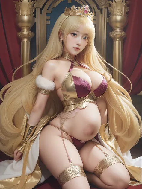 a close up of a woman in a sexy outfit with a sword, anime goddess, pregnant, big breasts, big thigh, big thicc, big butt, embarrassed face, blushing face, ((a beautiful fantasy empress)), blonde goddess, a beautiful fantasy empress, small curvy loli, roya...