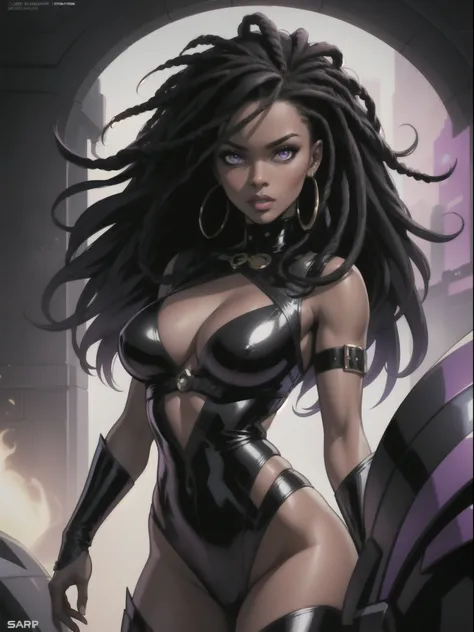 Comic Book Style Portrait of an African-American female, with dark black dreadlocks, purple eyes, super villain, dark skin, lust demon, sexy villainess, skimpy combat attire, cloaked, perfect composition, hyper-detailed, 8K, high quality, perfect eyes, tre...