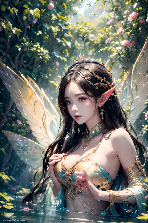 ( Absurd, High quality, Ultra-detailed, Masterpiece, concept-art, smooth, high detail artwork, Hyper-realistic painting ) , elf, Plum elf, plum , Transparent fairy wings, huge tit，low chest，fairytale-like, Romantic, Vivid, Whole body, In nature with waterf...