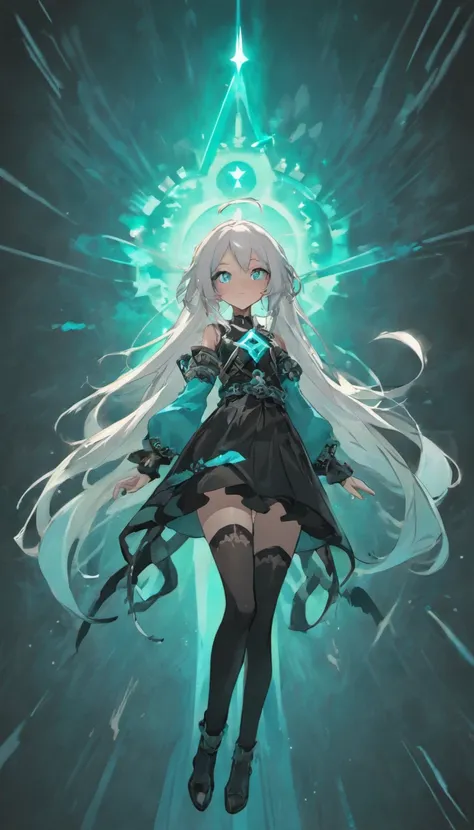 Girl with long straight white hair. One eye with a bright turquoise iris, the second with a black iris. Under the right eye is a black star. White top with long black arms and white laces. Black jeans and a belt with chains. Emo boots. Black checker and tu...