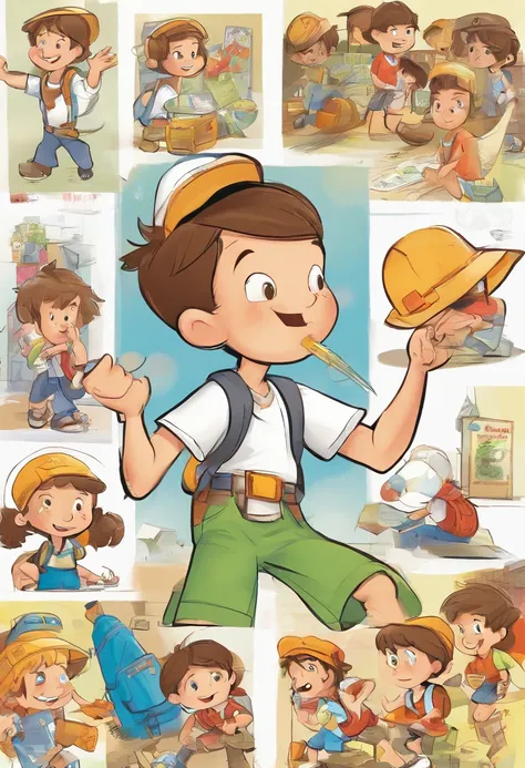 small explorer, various poses and expressions on white background, childrens book illustration style, simple, cute, 6 years old, colors, short brown hair, plain color, white short-sleeved shirt, jean shorts without belt, without hat, without book, without ...