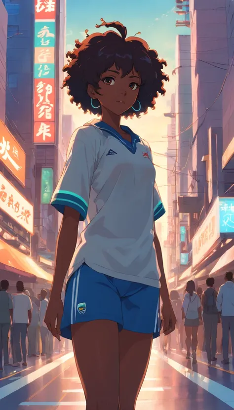 afrofuturism, with afro, afro, curly afro, long afro hair, beautiful city black woman only, maria borges, gorgeous woman, malika favre, black young woman with the France national team jersey in anime style , Standard scenario , olhar fixo , (( imagem sem d...