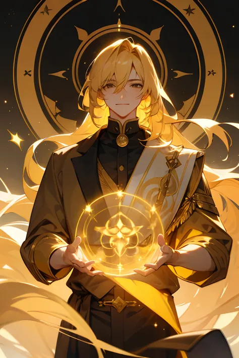 Create a man with unique characteristics, inspired by the sign of Leo and the cosmological stars An artistic representation of the essence of this sign, with striking features and a mysterious aura, Highlight golden traces of gold and golden lights, yellow...