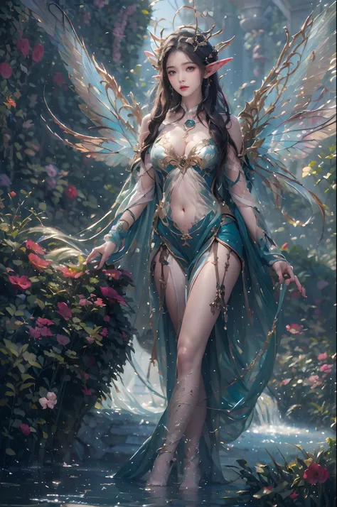 ( Absurd, High quality, Ultra-detailed, Masterpiece, concept-art, smooth, high detail artwork, Hyper-realistic painting ) , elf, Plum elf, plum , Transparent fairy wings, huge tit，low chest，fairytale-like, Romantic, Vivid, Whole body, In nature with waterf...