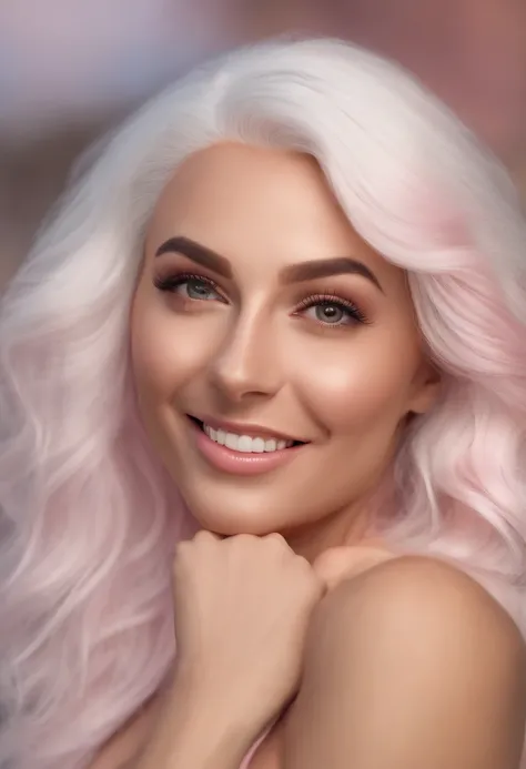 ultrarealistic, very detailed, close up, pores, detailed, 4k, ultrarealistic a white skin fitness model with white pink hair, smiling, very happy, with big boobs, bright caramel eyes, yoga top, yoga pants, nike, white pink hair,  white skin, with only 5 fi...