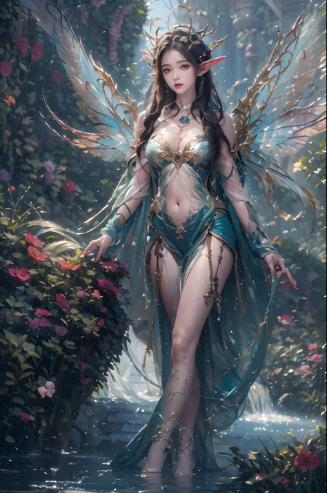 ( Absurd, High quality, Ultra-detailed, Masterpiece, concept-art, smooth, high detail artwork, Hyper-realistic painting ) , elf, Plum elf, plum , Transparent fairy wings, huge tit，low chest，fairytale-like, Romantic, Vivid, Whole body, In nature with waterf...