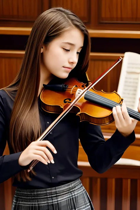 17 year old girl playing violin, long brown hair