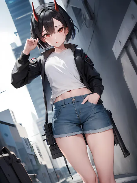 anime girl with black hair and blue shorts posing in front of a city, full body portrait of a short!, female protagonist 👀 :8, urban girl fanart, single character full body, girls frontline style, casual pose, short blue-haired woman, !!full body portrait!...