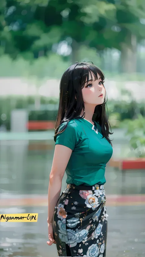 a close up of a woman standing in a park with a green shirt, a young asian woman, mai anh tran, in style of lam manh, an asian w...