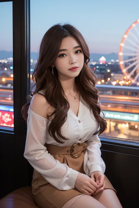 1womanl、Early 20s、(Strong-willed super beautiful woman)、(ultra beautiful faces)、(natta)、Wearing makeup、Wavy brown hair、Sitting in the seat of the Ferris wheel、Night view of the city from the window、Shallow depth of field