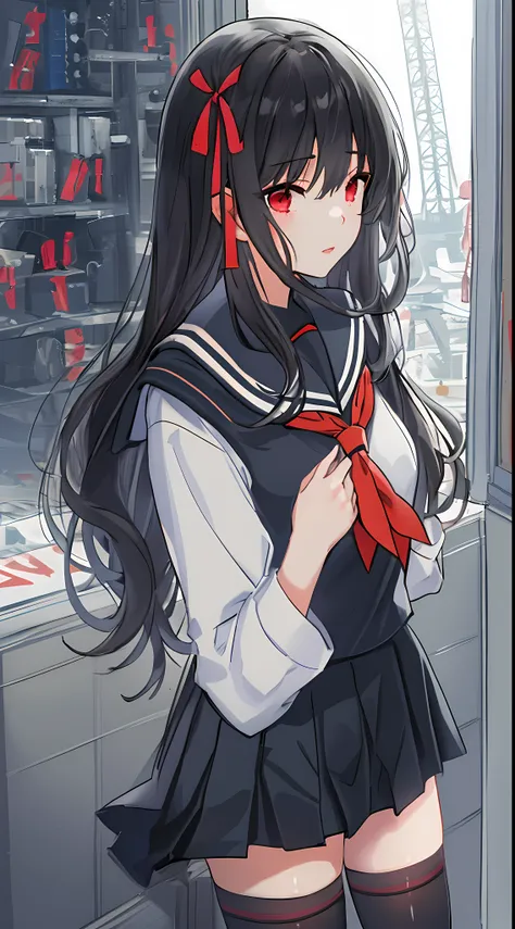 1woman, long black haired, slim build, red eyes, sailor uniform, black sailor blouse, black sailor skirt, red ribbon, black stockings, masterpiece, nice hands, perfect hands