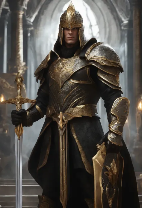 A fantasy superhero warrior, man, dressed mainly in black , secondary colors of silver, golden and white, in fantasy city, highly detailed, digital art, looking at viewer, artstation style, intrincate details, heavy armor, magic sword