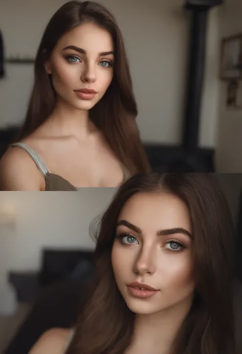 arafed woman fully , sexy girl with green eyes, ultra realistic, meticulously detailed, portrait sophie mudd, brown hair and large eyes, selfie of a young woman, without makeup, natural makeup, lookiNg directly at the camera, SELFI, in bedroom, medium to l...