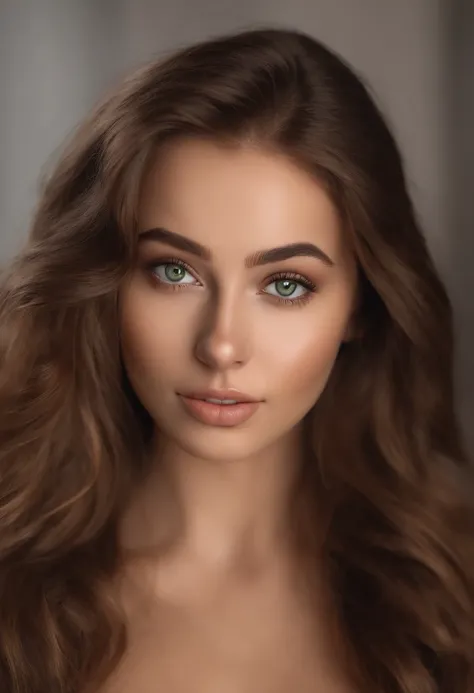 arafed woman fully , sexy girl with green eyes, ultra realistic, meticulously detailed, portrait sophie mudd, brown hair and large eyes, selfie of a young woman, without makeup, natural makeup, lookiNg directly at the camera, SELFI, in bedroom, medium to l...