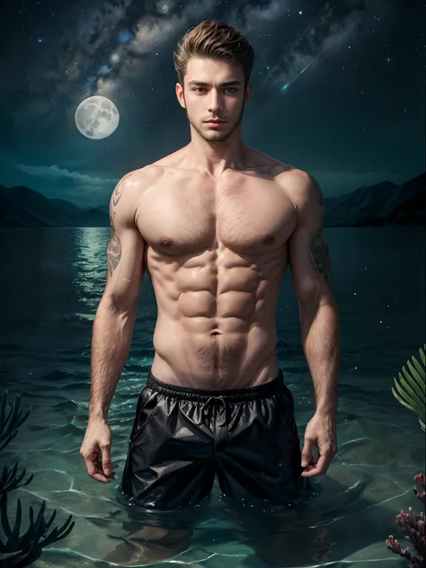 a man, in a sea, with half his body submerged in the water, behind a starry sky with a moon in the center