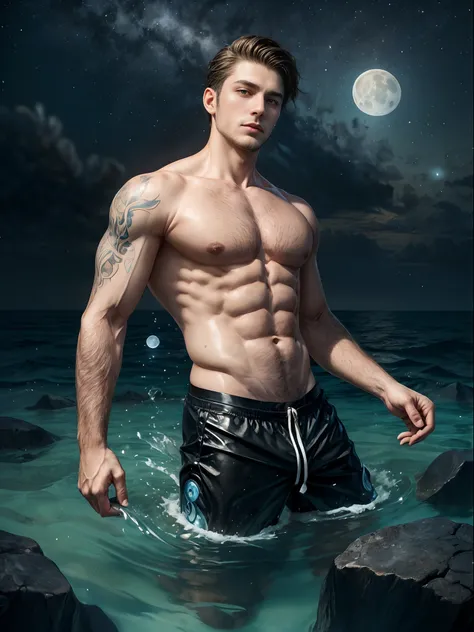 a man, in a sea, with half his body submerged in the water, behind a starry sky with a moon in the center