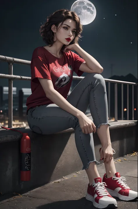 (Sci-fi fantasy), (Masterpiece), (professional oil painting) (best quality), (8k resolution), (1 beautiful girl), ((pale gray skin)), (iron gray skin), ((jeans clothes)),(red jacket)), ((sexy red t-shirt ), ((red lipstick)), ((black sneakers)), (comcept ar...