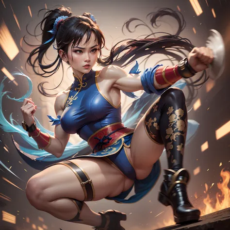 In a realistic professional and marketing photoshoot, capture Chun Li, the iconic Street Fighter character, in a mid-action pose. Show her strength and determination as she executes a powerful high kick, her focus and intensity evident in her piercing eyes...