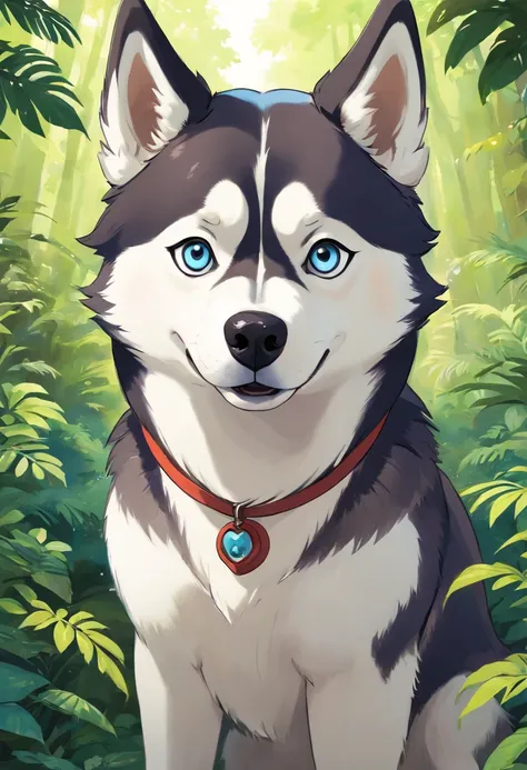 A Siberian husky looking into the camera with a look of surprise and confusion, Looking with his head turned sideways, num lindo jardim