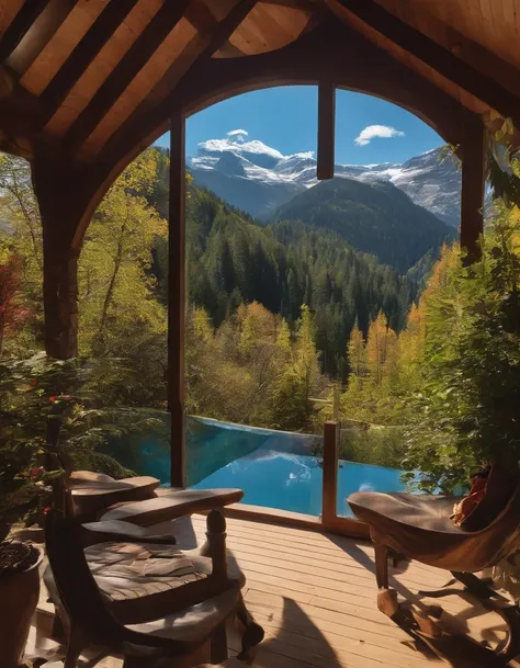 Chalet in the mountains，big breasts beautiful，laid back，There are one floors，There was a sofa，furniture，k hd，high-definition picture quality，Tremendously beautiful，rays of sunshine，the trees，the woods，naturey，Flowers，pools of water，style of anime，Miyazaki ...