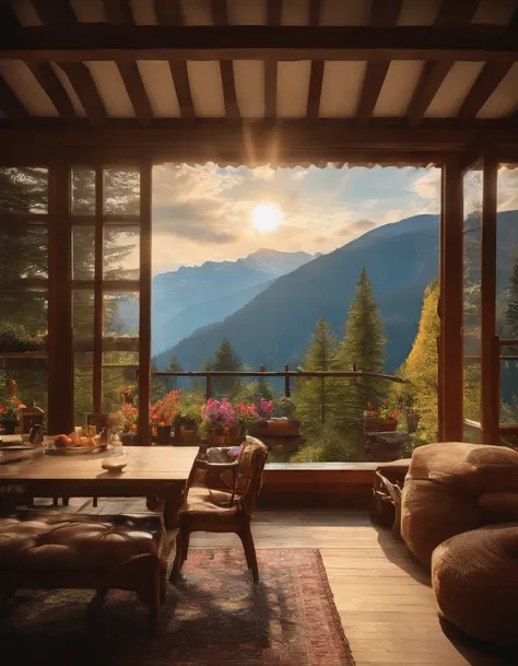 Chalet in the mountains，big breasts beautiful，laid back，There are one floors，There was a sofa，furniture，k hd，high-definition picture quality，Tremendously beautiful，rays of sunshine，the trees，the woods，naturey，Flowers，pools of water，style of anime，Miyazaki ...