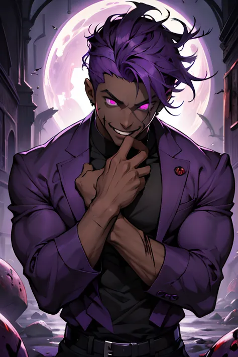 black young man, negro, messy hair, purple hair, purple shirt, lindo, crazy face, blood, BLOOD, crazy smile, purple eyes, evil eyes, psicopath, sea blood, blood, blood, jojo pose