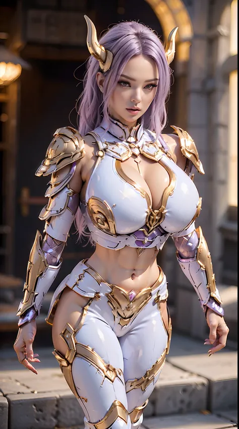 A WOMAN, BEAUTIFULL FACE, (WHITE, GOLD, PURPLE:1.2), (SEXY RED LIBS:1), (BEAUTY MAKEUP:1), (SHINY SKIN:1.2), (HUGE BOOBS:1), (FULL BODY:1), (DRAGON MECHA ARMOR:1), (CROP TOP:1.3), (CLEAVAGE:1), TRANSPARANT, TALL LEGS, STANDING, (SEXY BODY), (MUSCLE ABS:1.1...