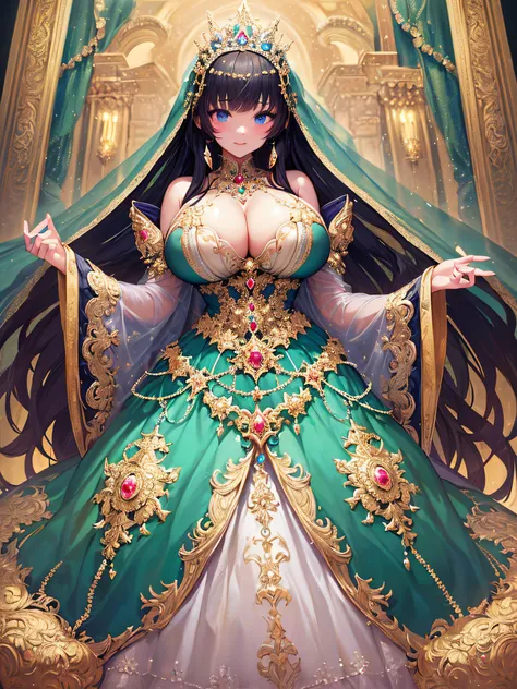 (masterpiece, best quality,extremely detailed:1.1),(moe anime art style:1.3),1girl,((full body,focus face)),((solo)), cute, kawaii,digital art,((1 princess wearing beautiful embroidery and jeweled gorgeous princess rococo ballgown with voluminous full leng...