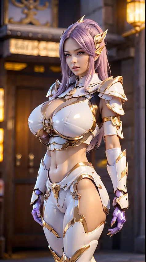 A WOMAN, BEAUTIFULL FACE, (WHITE, GOLD, PURPLE:1.2), (SEXY RED LIBS:1), (BEAUTY MAKEUP:1), (SHINY SKIN:1.2), (HUGE BOOBS:1), (FULL BODY:1), (DRAGON MECHA ARMOR:1), (CROP TOP:1.3), (CLEAVAGE:1), TRANSPARANT, TALL LEGS, STANDING, (SEXY BODY), (MUSCLE ABS:1.1...