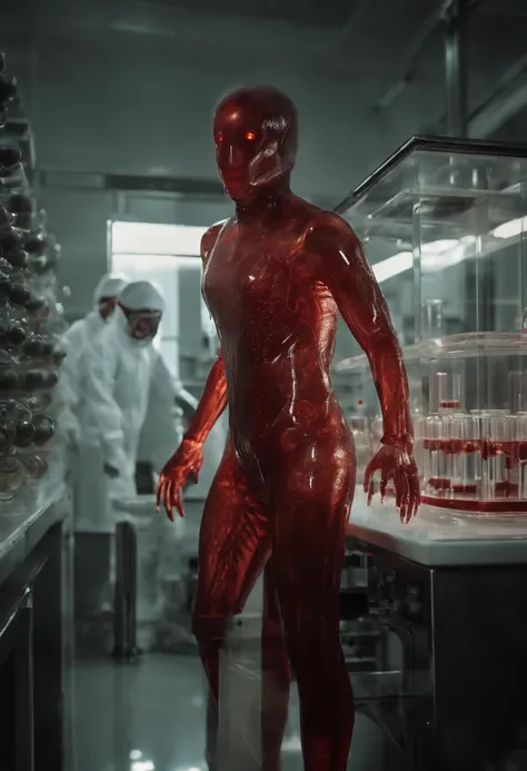 (best quality,highres),(realistic:1.37),(conceptual artwork),(portraits),(mysterious transparent creature with red blood being observed by scientists wearing masks in a laboratory),(detailed,scientific laboratory),(special containment unit),(advanced resea...