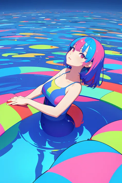 (ultra detailed,ultra high res,detailed background),((2D)),((flat color)),((colorful)),((floating colorful water)),1girl,solo,looking at viewer,BREAK