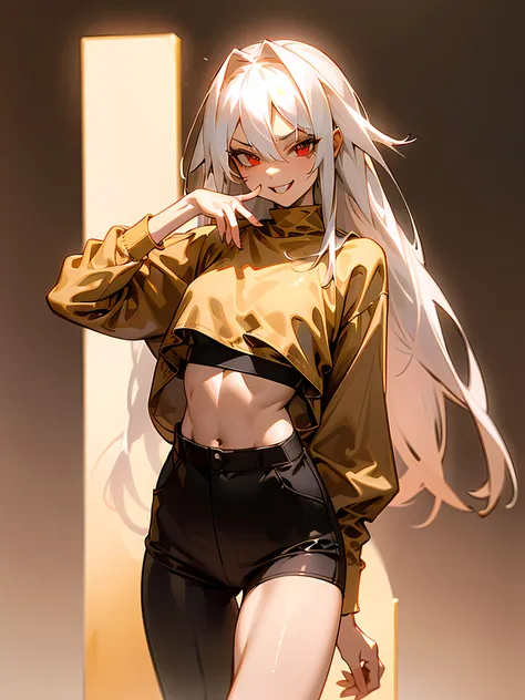 1girl, long white hair, red eyes, wearing black sport bra, baggy black pants, winter background, absurdres, highres, ultrasharp, 8k, masterpiece, looking at viewer, sexy, alluring, erotic, nsfw, wink, teeth showing, smile, tongue hanging, tall, golden body...