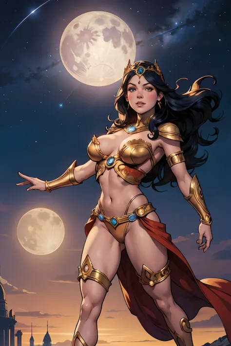 DC Comics, Eloise Mumford dressed as Dejah Thoris, by Frank cho and HR Geiger, barsoom, (sexy), flying, detailed background, night time, ornate diadem, (two moons) of Mars in the sky