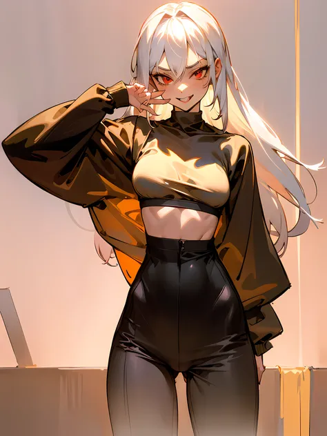 1girl, long white hair, red eyes, wearing black sport bra, baggy black pants, winter background, absurdres, highres, ultrasharp, 8k, masterpiece, looking at viewer, sexy, alluring, erotic, nsfw, wink, teeth showing, smile, tongue hanging, tall, golden body...