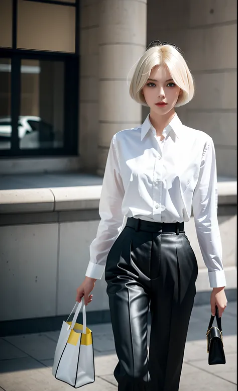 masterpiece, best quality, 1girl, short hair, platinum blonde hair, shirt, trousers