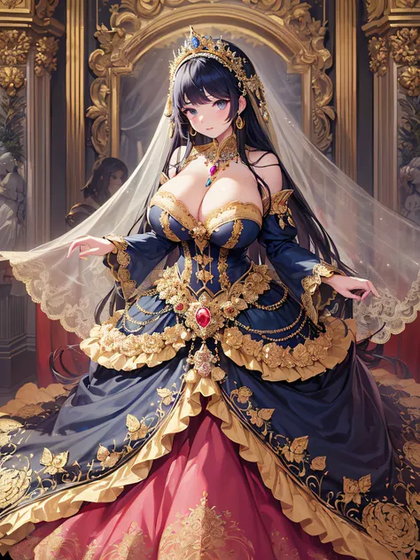 (masterpiece, best quality,extremely detailed:1.1),(moe anime art style:1.3),1girl,((full body,focus face)),((solo)), cute, kawaii,digital art,((1 princess wearing beautiful embroidery and jeweled gorgeous princess rococo ballgown with voluminous full leng...