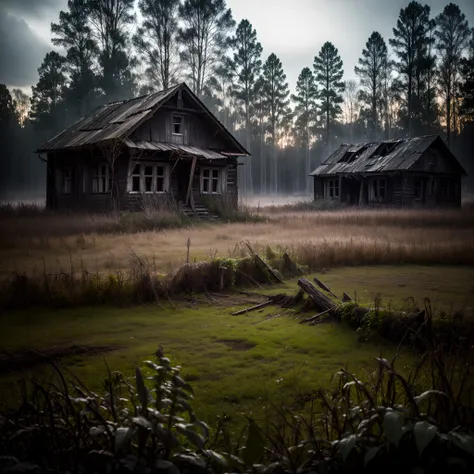 old house, dark forest, depressive atmosphere