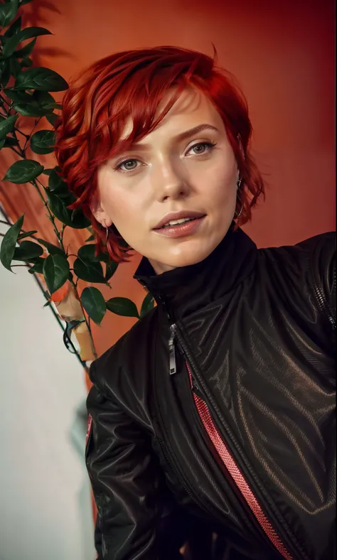 there is a woman with red hair and a black jacket, with red hair, profile image, short red hair, red short hair, short redhead, aleksandra waliszewska, magdalena radziej, red hair, yelena belova, with short hair, annato finnstark, crimson red hair and red ...