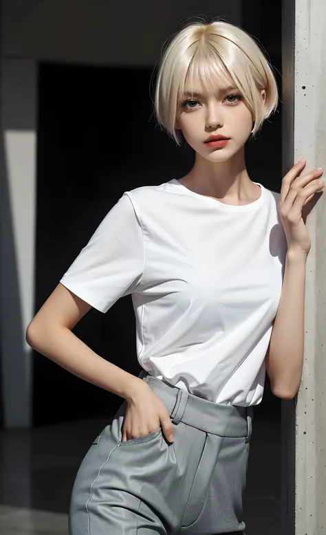 masterpiece, best quality, 1girl, short hair, platinum blonde hair, shirt, trousers