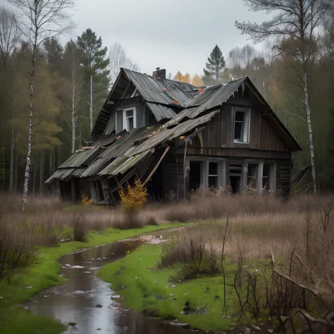 old houses, forgotten houses, old village, dark forest, abandoned house, the house fell apart, a ruined structure, mist, the old...